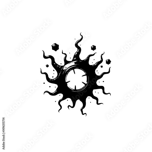 Abstract monochrome design featuring sun-like burst and floating cubic shapes