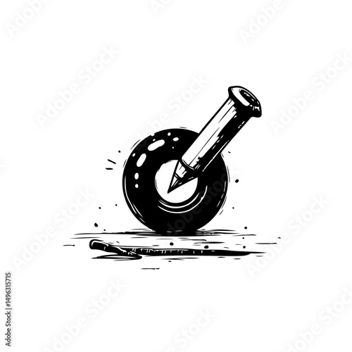 Illustrative interpretation of a pencil piercing a circular form, abstract representation
