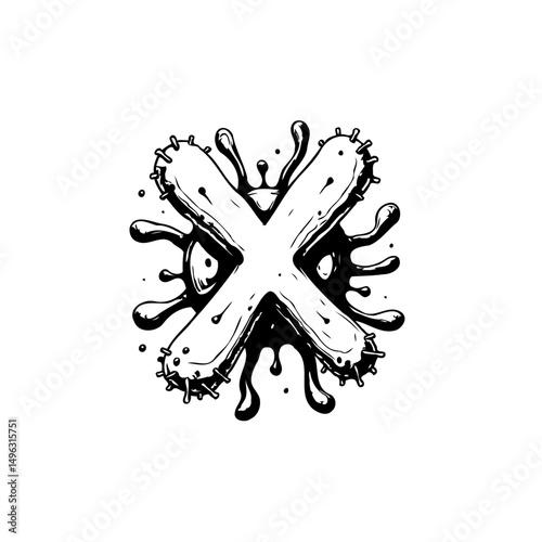 Stylized letter X with drippings forming an abstract, dynamic illustration