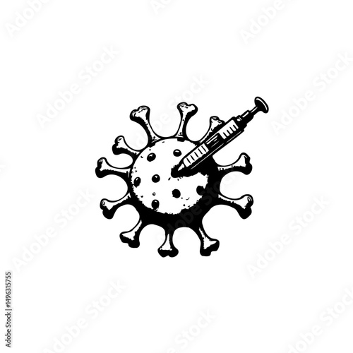 Conceptual illustration of a syringe injecting a stylized virus cell treatment