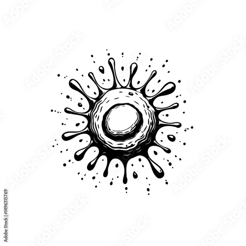 Monochrome stylized burst emanating from a central vortex design graphic