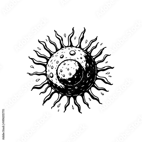 Stylized celestial sun orb with swirling internal patterns and radiant beams