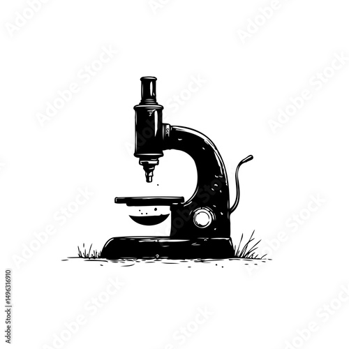 Artistic rendering of a vintage microscope in a minimalistic black and white style
