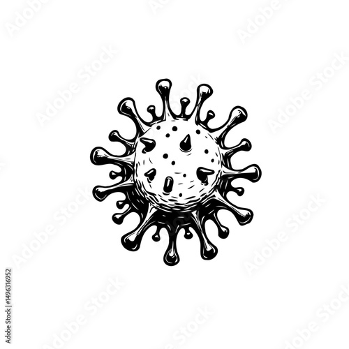 Detailed monochrome depiction of a pathogen with intricate surface structures