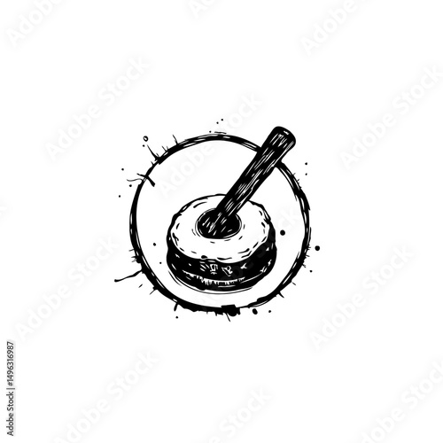 Stylized Illustration of a Hand-Drawn Tamale within a Splattered Circle Frame