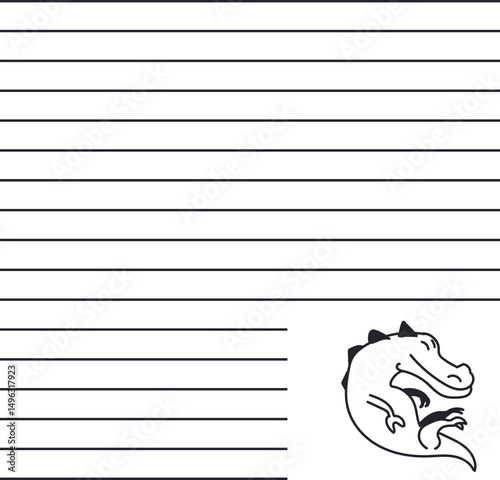 Lined notebook sheet with a drawing of a cartoon crocodile.