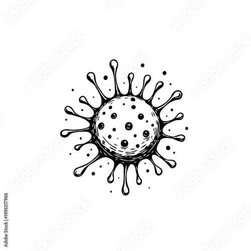 Hand-drawn illustration of a virus cell with unique surface protrusions