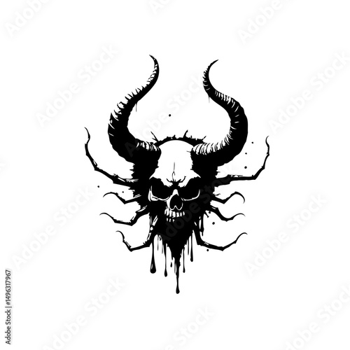 Intricate monochrome illustration of a skull with horns and spider-like legs