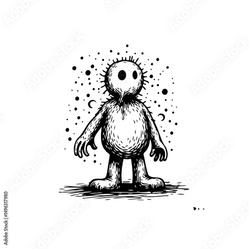 Surreal monochrome character in a cosmos of shadows, a curious ink figure