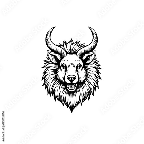 Striking monochrome portrait of a fantastical horned beast with intricate detail