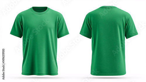 Mockup of a Kelly green t-shirt displayed in front and back views. Classic round neck and short sleeves with visible fabric texture and natural wrinkles. 