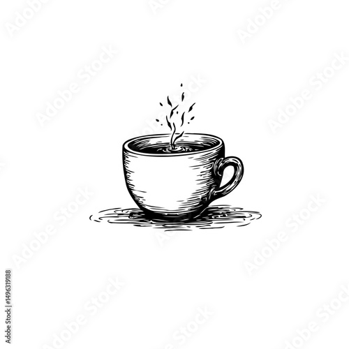 Sketch Illustration of a Steaming Beverage in a Cup with Liquid Spill Effect