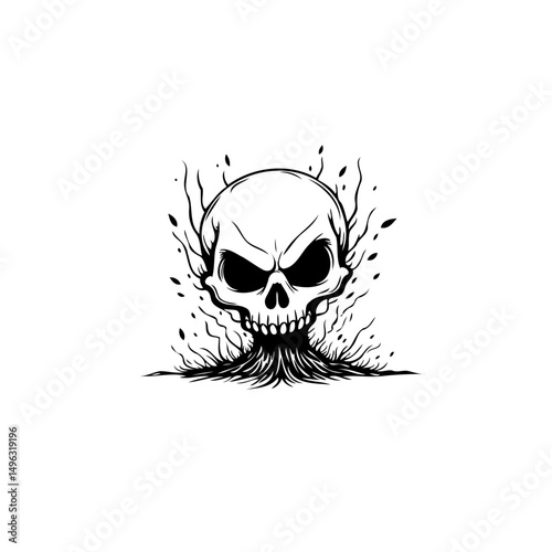 Stylized skull illustration with chaotic lines emanating from it artistic style