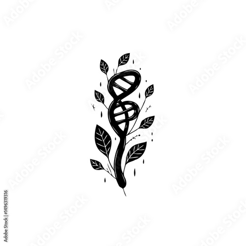 Stylized dna helix intertwining with botanical elements in a monochrome artwork