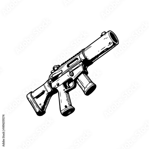 Detailed monochrome illustration of a semi-automatic weapon on a white background