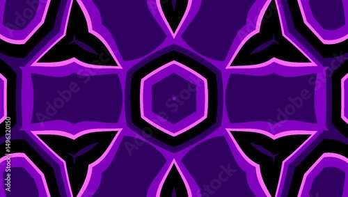 Abstract gradient geometric animation of bold black and neon purple geometric pattern in a looping motion, central hexagon, surrounding symmetrical shapes. Concept of abstract symmetry 