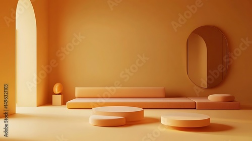 Geometric minimal flat layout with floating seating elements