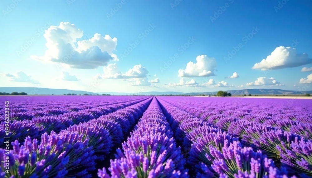 Naklejka premium Field of lavender, purple hues under blue sky , plantation, field