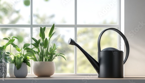 Indoor plants on a windowsill with watering can photo