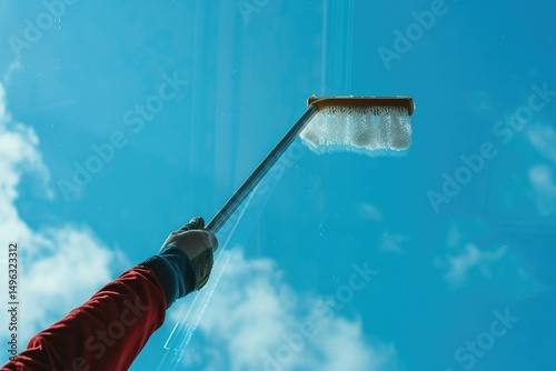 vibrant image of hand with window cleaning tool and blue sky