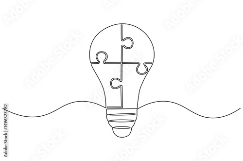 Continuous one line drawing of Lightbulb with Pieces of jigsaw. Single line drawing illustration of Lightbulb jigsaw. Business idea concept vector art. Doodle line illustration.