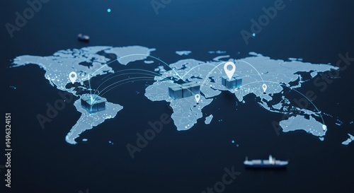 Global shipping network, interconnected world map, showing various shipping locations and routes