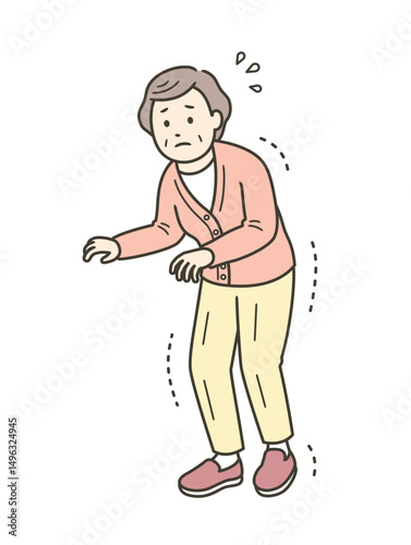 手足の震えや強張りがある高齢女性が恐る恐る歩くイラスト
