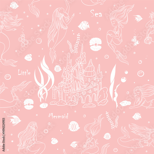 Seamless pattern kids with sea life, mermaids and castle, continuous pattern in pink