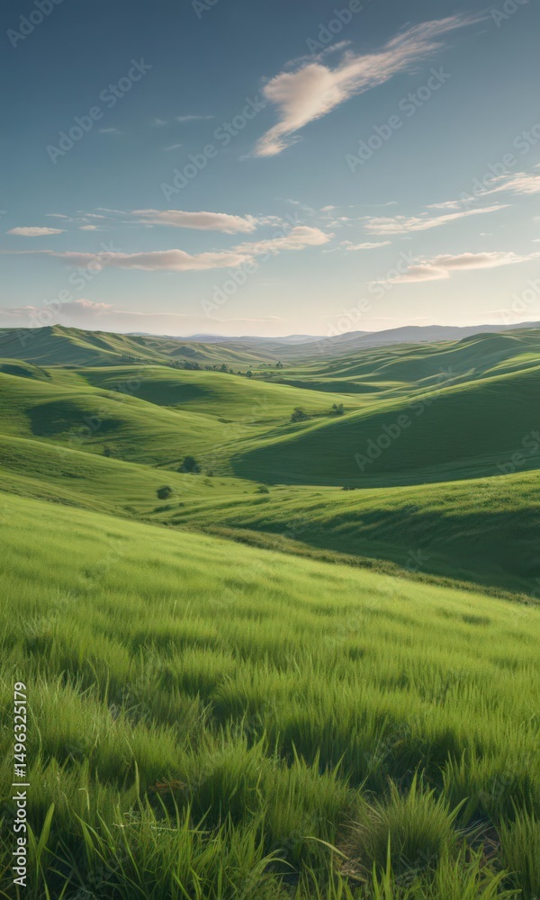 Fototapeta premium Rolling hills of emerald grass under a clear sky , rural, meadow, field
