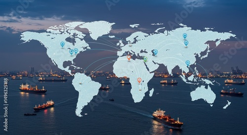 Fototapeta Naklejka Na Ścianę i Meble -  Global trade network map overlaid on world map with shipping vessels