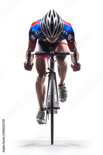 A professional cyclist in racing gear rides a road bike, captured from the front in a dynamic, high-speed pose.