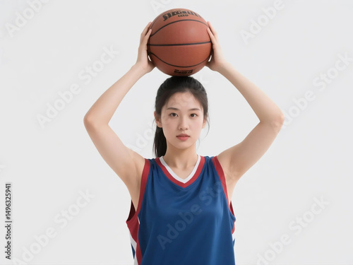 Young pretty female basketball player holding a ball up high on isolated background