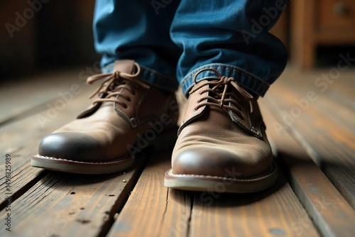 Close-up of well-worn shoes and tired feet resting on a worn wooden floor, suggesting a long day's work , base, stillness, comfort