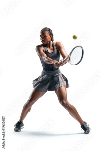 A female tennis player in action, preparing to hit a backhand shot with focus and intensity on a white background.