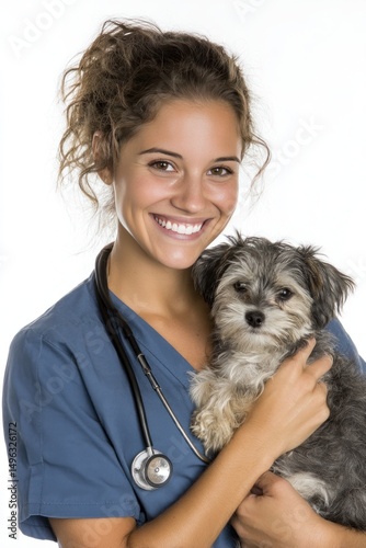 A smiling female veterinarian in scrubs holds a small dog, both looking at the camera against a white background.