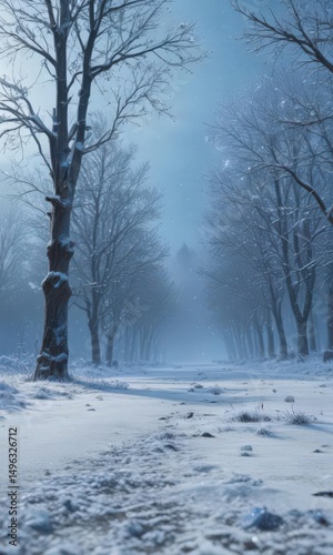 Blue winter scene, snowflakes softly fall on frozen ground , snow covered ground, cold weather