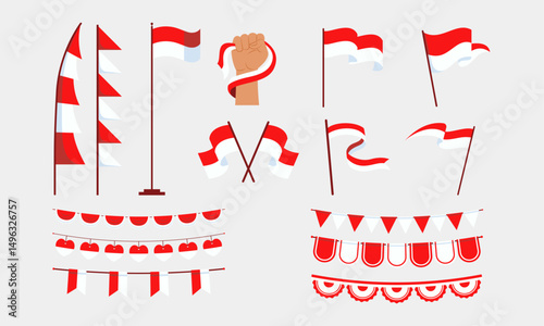 Indonesian flags and garlands vector illustration set
