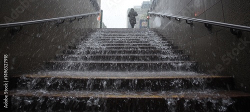Heavy rain floods a stairway, water flows down steps as a lone person ascends with an umbrella.