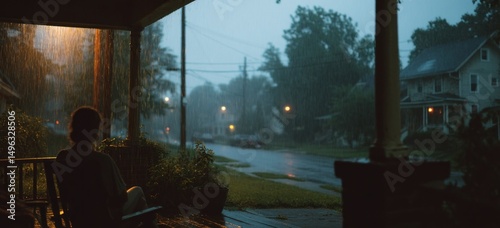 A person sits on a porch, watching rain fall over a quiet suburban street at dusk, illuminated by soft streetlights.