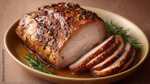 Juicy, roasted pork loin garnished with fresh rosemary, sliced and served on a brown plate.