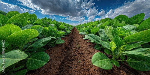 A lush green crop field under a dramatic sky, with rows of healthy plants and rich soil stretching into the distance.