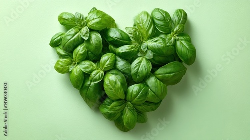 Fresh basil leaves arranged in a heart shape on a light green background.