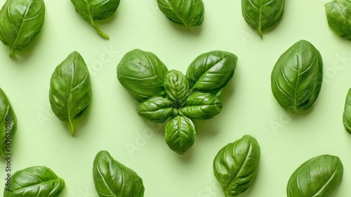 Fresh green basil leaves arranged neatly on a light green background, with one central cluster forming a heart shape.