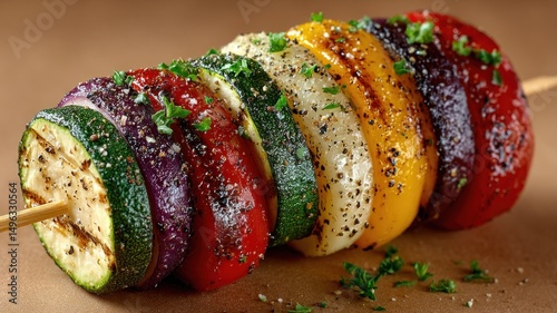 Colorful grilled vegetable skewer with zucchini, tomato, peppers, and herbs, seasoned and ready to eat.