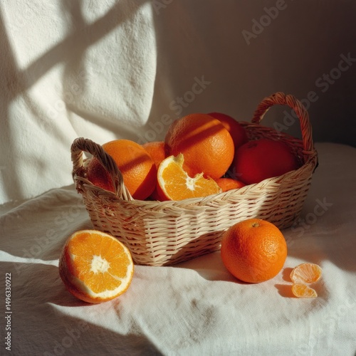 A wicker basket filled with fresh oranges sits on a sunlit cloth, with one orange cut open and segments nearby.