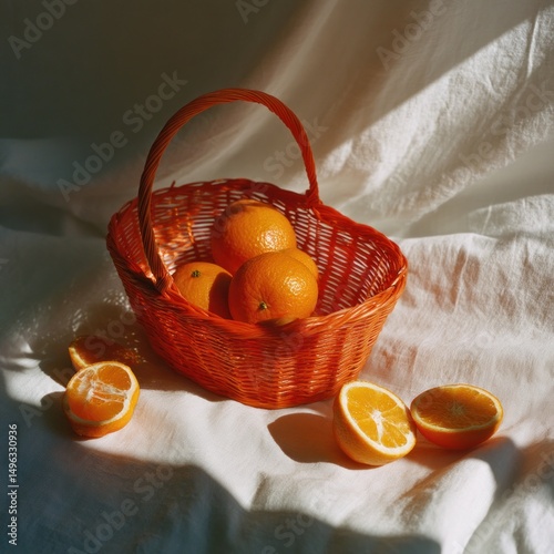 A wicker basket with whole and halved oranges sits on a white cloth, bathed in natural sunlight.