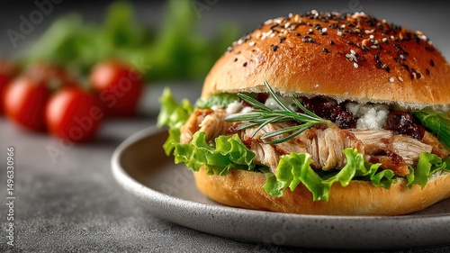 A gourmet sandwich with pulled meat, fresh lettuce, and herbs on a seeded bun, served on a plate with tomatoes in the background.