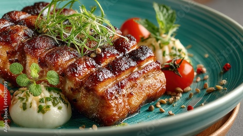 Grilled meat with herbs, cherry tomatoes, and creamy garnish served on a green plate.