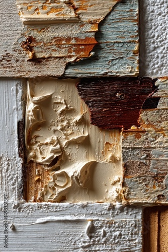 Close-up of textured, layered, and peeling paint on old wooden surfaces in various colors and finishes.