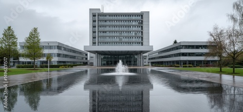 Modern office building with glass facade, surrounded by a reflecting pool, fountain, and landscaped greenery on a cloudy day.